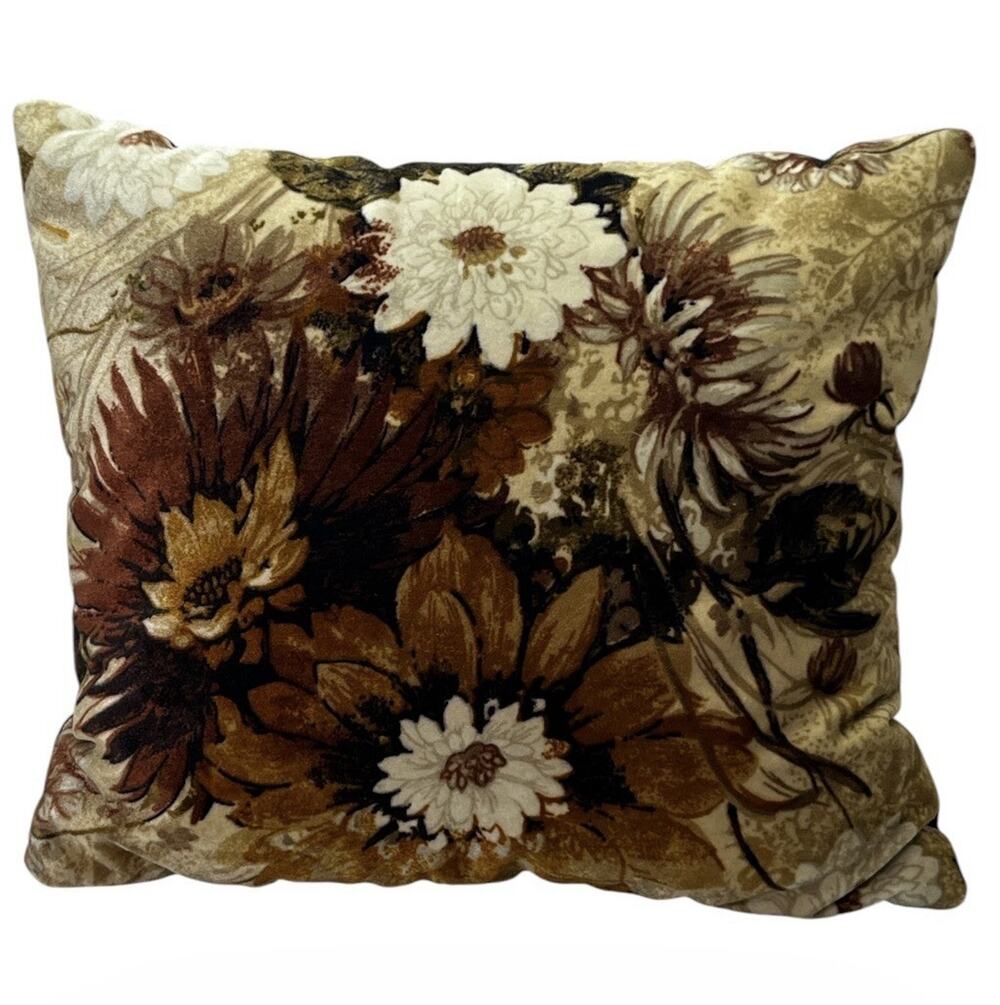 Vintage 1970s/1980s Handmade Brown Floral Velvet Throw Pillow Corduroy Back